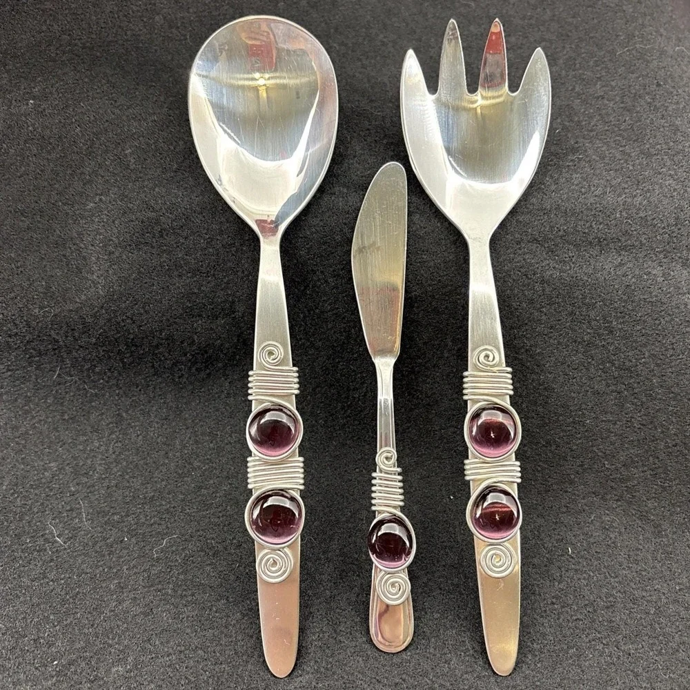 Handcrafted SS Salad Set And Butter Knife South Africa Purple Cabochon Stones